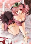  animal_ears bracelet breasts cat_ears cat_tail catgirl cleavage crawling hair_ribbon happy jewelry open_mouth pink_hair red_eyes ribbon short_hair tail tattoo thighhighs 