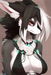  2019 anthro black_hair black_nose breasts canid canine clothed clothing digital_media_(artwork) eyelashes female hair kameloh mammal red_eyes solo white_hair 