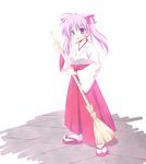  blue_eyes broom hiiragi_kagami japanese_clothes lucky_star miko non-web_source purple_hair sandals solo tongue twintails 