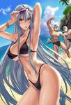  3boys armpits beach bikini blush breasts cloud covered_nipples day helmet karee_oshou large_breasts long_hair male_swimwear multiple_boys navel ocean outdoors red_eyes selvaria_bles senjou_no_valkyria senjou_no_valkyria_1 silver_hair sky sunglasses sweat swim_briefs swimsuit swimwear very_long_hair water wide_hips 