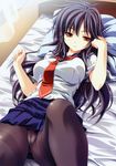  absurdres bed cameltoe highres huge_filesize leg_lift long_hair lying miyama-zero on_back on_bed panties panties_under_pantyhose pantyhose red_eyes school_uniform serafuku solo thighband_pantyhose tsuyokiss underwear yashi_nagomi 