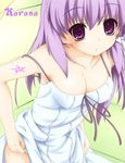  1girl akinoko bare_shoulders blush breasts clannad cleavage dress dressing female fujibayashi_kyou karana long_hair panties panty_pull purple_eyes purple_hair solo tattoo underwear 