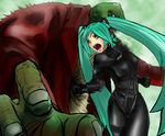  aqua_hair bodysuit covered_nipples crossover flat_chest gantz gantz_suit hatsune_miku long_hair noilegnave onion_alien parody punching twintails very_long_hair vocaloid 