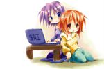  blue_eyes computer hiiragi_inori hiiragi_matsuri ibm laptop lucky_star multiple_girls orange_eyes orange_hair parody purple_hair sakanaya_nakasa short_hair siblings sisters sitting 