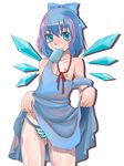  bandaid bandaids_on_nipples blue_eyes blue_hair blush cirno doru_riheko dress dress_lift flat_chest food no_bra panties pasties popsicle short_hair solo strap_slip striped striped_panties sweat touhou underwear wet wings 