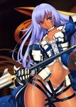  absurdres armor breasts cleavage collar copyright_request dark_skin eiwa gauntlets highres long_hair medium_breasts midriff navel panties polearm purple_eyes purple_hair scan shoulder_pads side-tie_panties smile solo spear underwear weapon white_panties 