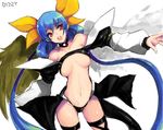  :o asymmetrical_wings blue_hair bow breasts cleavage dizzy guilty_gear hair_bow kara_(color) large_breasts long_hair midriff red_eyes solo tail very_long_hair wings 