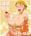  1girl alcohol breasts cleavage drunk female huge_breasts japanese_clothes kimono murata nami nami_(one_piece) one_piece sake solo 