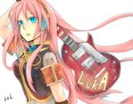  blue_eyes breasts guitar hairband instrument large_breasts long_hair megurine_luka miyake_achi pink_hair solo vocaloid 