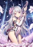  1girl akkijin bare_shoulders breasts flower garden hair_flower hair_ornament holding holding_weapon long_hair looking_at_viewer medium_breasts night night_sky official_art petals pink_eyes seiza shinkai_no_valkyrie silver_hair sitting sky star_(sky) starry_sky sword weapon weapon_bag 