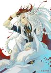  animal bad_id bad_pixiv_id blood braid coat copyright_request fur_coat green_eyes jewelry long_hair mask necklace solo suisan_shijou white_hair wolf 