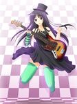  akiyama_mio arm_warmers bare_shoulders bass_guitar black_eyes black_hair checkered don't_say_&quot;lazy&quot; dress hat highres instrument k-on! long_hair solo takepon thighhighs top_hat 