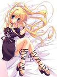  air blonde_hair blue_eyes blush bow hair_bow kamio_misuzu long_hair lying sandal sandals thighhighs 