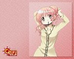  adjusting_hair aoki_ume blush double_bun hidamari_sketch hiro mouth_hold official_art pajamas pink_hair red_hair smile wallpaper 