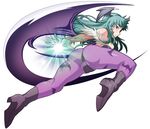  animal_print areolae ass aura bare_shoulders bat_print breasts demon_wings green_eyes green_hair green_nails head_wings leotard long_hair medium_breasts morrigan_aensland nail_polish pantyhose print_legwear purple_wings solo tabigarasu vampire_(game) wings 