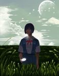  ayanami_rei bad_id bad_pixiv_id blue_hair cd_player earphones field moon nature neon_genesis_evangelion school_uniform shiira short_hair sky solo 