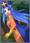  blue_hair blush bodysuit breasts dragon_quest dragon_quest_iii forest gloves hat impossible_clothes impossible_shirt large_breasts long_hair mitre nature nekomanma_(byougatei) open_mouth orange_bodysuit priest_(dq3) red_eyes shirt sideboob skin_tight solo surprised tabard tree 