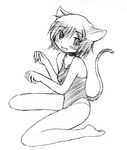  animal_ears barefoot cat_ears chika_(hidamari_sketch) greyscale hidamari_sketch kneeling kumichi leotard lowres monochrome sketch solo tail 