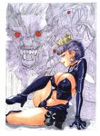  boots breasts cleavage covered_nipples crown earrings gokkun_tororojiru gradriel jewelry knee_boots large_breasts legs midriff necklace pearl_necklace princess_crown purple_eyes purple_hair red_eyes revealing_clothes sitting skull snake solo tongue wolf 