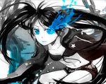  bikini_top black_hair black_rock_shooter black_rock_shooter_(character) blue_eyes burning_eye flat_chest glowing glowing_eyes long_hair miyake_achi pale_skin scar shorts solo twintails 