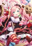  1girl :d akkijin aqua_eyes black_dress breasts brown_hat cake candy chocolate cookie doughnut dress food hat heart large_breasts long_hair looking_at_viewer official_art open_mouth pink_hair polearm red_ribbon ribbon shinkai_no_valkyrie smile striped striped_ribbon thighhighs trident twintails weapon 