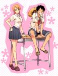  1boy 1girl black_eyes black_hair blush couple hat monkey_d_luffy nami_(one_piece) one_piece orange_hair pirate short_hair smile tattoo 