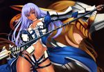  absurdres armor breasts cleavage collar copyright_request dark_skin eiwa gauntlets highres joined_pages long_hair medium_breasts midriff panties polearm purple_eyes purple_hair scan shoulder_pads side-tie_panties smile solo spear underwear weapon white_panties 