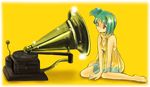  bare_shoulders barefoot dress fine_art_parody green_hair his_master's_voice jun_can macross macross_frontier parody phonograph ranka_lee red_eyes short_hair sitting solo 