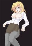  :p areolae blonde_hair breasts frapowa large_breasts lyrical_nanoha mahou_shoujo_lyrical_nanoha_strikers nipples open_clothes open_shirt pantyhose shamal shirt solo tongue tongue_out 