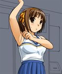  arm_up armpits brown_eyes brown_hair cheerleader hairband sandansu short_hair solo suzumiya_haruhi suzumiya_haruhi_no_yuuutsu 