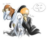  1girl ass bleach brown_hair carrying dress fart french inoue_orihime kurosaki_ichigo long_hair looking_back orange_hair short_hair translated 