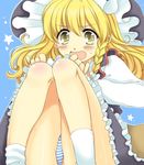  blonde_hair blush chigo embarrassed kirisame_marisa legs long_hair panties pantyshot pantyshot_(sitting) sitting solo striped striped_panties surprised touhou underwear yellow_eyes 