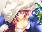  artist_request bra comic_party covered_nipples lingerie one_eye_closed purple_eyes red_hair solo takase_mizuki underwear undressing 