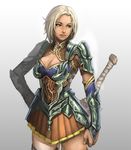  armor bad_id bad_pixiv_id blonde_hair copyright_request dark_skin green_eyes lieqi_hun miniskirt pleated_skirt short_hair simple_background skirt smile solo standing sword weapon 