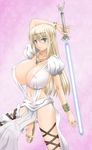  1girl areola areolae blonde_hair blue_eyes bracelet breasts crown energy_sword huge_breasts jewelry lightsaber long_hair lots_of_jewelry necklace nekomimi_hanaon nekomimi_kanon sandals sophitia_alexandra soul_calibur sword weapon 