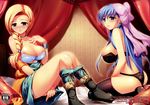  bianca black_panties blonde_hair blue_eyes blue_hair blush bow bra braid breasts cleavage dragon_quest dragon_quest_v earrings flora hair_bow hair_over_shoulder half_updo highres huge_breasts jewelry lingerie long_hair multiple_girls ookami_ryousuke panties pink_bow pussy_juice ribbon single_braid sitting thighhighs thong underwear underwear_only 