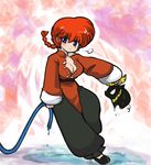  blue_eyes braid breasts chinese_clothes cleavage genderswap genderswap_(mtf) hibiki_ryouga hose large_breasts momo&amp;a no_socks p-chan ranma-chan ranma_1/2 red_hair saotome_ranma single_braid tangzhuang water wet 