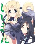  akiyama_mio animal_ears bad_id bad_pixiv_id black_hair blazer blonde_hair blue_eyes cat_ears foreshortening jacket k-on! kotobuki_tsumugi long_hair miniskirt multiple_girls nakayama_miyuki pleated_skirt ribbon school_uniform skirt smile tail very_long_hair 