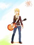  artist_request blonde_hair denim guitar hidamari_sketch highres instrument jeans miyako pants solo 