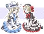  alice_(luminous_arc) blonde_hair detached_sleeves dress frills hat kneeling kugelschreiber long_hair luminous_arc multiple_girls one_eye_closed ribbon short_hair therese witch witch_hat 