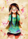  adjusting_eyewear brown_hair casual copyright_request glasses green_eyes long_hair non-web_source open_mouth shirt solo source_request sugano_manami t-shirt 