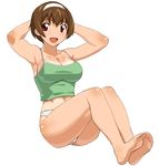  a1 armpits arms_behind_head barefoot breasts brown_hair camisole dorsiflexion exercise feet full_body hairband hinako_(issho_ni_training) issho_ni_training large_breasts muscle no_pants one-piece_tan open_mouth panties red_eyes short_hair simple_background sit-up sitting smile solo tan tanline underwear white_background white_panties 