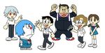  4boys 60s 70s aida_kensuke asame_shinbun ayanami_rei blue_hair dekisugi_hidetoshi doraemon doraemon_(character) fujiko_f_fujio_(style) gouda_takeshi honekawa_suneo horaki_hikari ikari_shinji minamoto_shizuka multiple_boys nagisa_kaworu neon_genesis_evangelion nobi_nobita oldschool parody school_uniform style_parody suzuhara_touji 