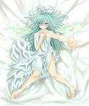  barefoot blanket blush daiyousei feet foreshortening green_hair hair_down hands long_hair looking_at_viewer lying madara_hato outstretched_arm outstretched_hand reaching solo touhou wings 