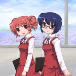  blue_eyes blue_hair double_bun glasses hidamari_sketch hiro kt2 multiple_girls red_eyes red_hair sae school_uniform 