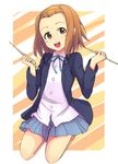  blazer brown_eyes brown_hair drumsticks hair_ornament hairband jacket jumping k-on! laughing miniskirt omatti pleated_skirt ribbon school_uniform short_hair skirt smile solo tainaka_ritsu tomboy 