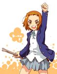  bad_id bad_pixiv_id blazer brown_hair drumsticks hair_ornament hairband jacket k-on! laughing miniskirt orange_eyes orange_hair pleated_skirt ribbon school_uniform short_hair skirt smile solo standing tainaka_ritsu tomboy yokoshima_(tirimoti) 