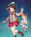  1girl :d backpack bag bangs beret boots brown_eyes brown_footwear brown_hair creatures_(company) eyebrows_visible_through_hair feet_out_of_frame female_protagonist_(pokemon_swsh) game_freak gen_8_pokemon gradient gradient_background green_hat green_legwear hand_up hat hood hooded_sweater long_sleeves looking_at_viewer miniskirt nintendo nyjee one_eye_closed open_mouth pink_skirt pokemon pokemon_(creature) pokemon_(game) scorbunny shoes short_hair skirt smile sweater 