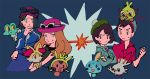  2boys 2girls black_hair blue_eyes blue_jacket bob_cut brown_eyes brown_hair calme_(pokemon) chespin clenched_hand creatures_(company) crossed_arms eyewear_on_headwear female_protagonist_(pokemon_swsh) fennekin froakie game_freak gen_6_pokemon gen_8_pokemon grookey jacket long_hair male_protagonist_(pokemon_swsh) mangoshake multiple_boys multiple_girls nintendo pokemon pokemon_(creature) pokemon_(game) pokemon_on_head pokemon_swsh pokemon_xy pom_pom_(clothes) scorbunny serena_(pokemon) short_hair sobble sunglasses 