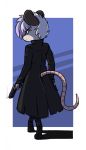  2018 aggie_(artist) anthro brown_fur clothed clothing coat didelphid digital_media_(artwork) ear_piercing ear_ring female fur gun hair handgun holding_object holding_weapon looking_at_viewer looking_back mammal marsupial piercing purple_eyes ranged_weapon simple_background solo standing weapon white_hair 